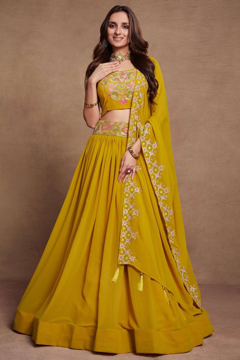 INDIAN DESIGNER PARTY WEAR YELLOW GEORGETTE LEHENGA WITH THREAD SEQUENCE JARI WORK AHVN GULKANYA 7303