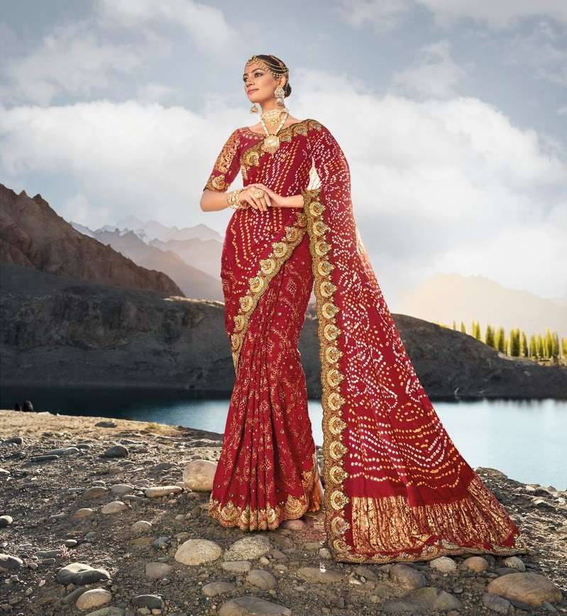 INDIAN DESIGNER RED KACHHI BANDHEJ SILK SAREE FOR WEDDING BRIDAL PARTY WEAR SM MN 7301