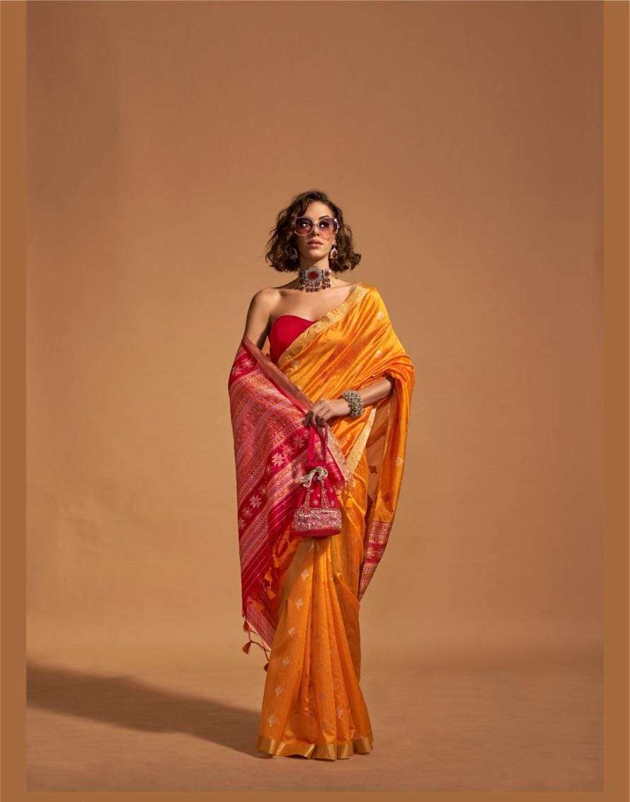 INDIAN DESIGNER WEDDING PARTY WEAR FANCY ORANGE SILK SAREE WITH SM RJT KANOI 362001