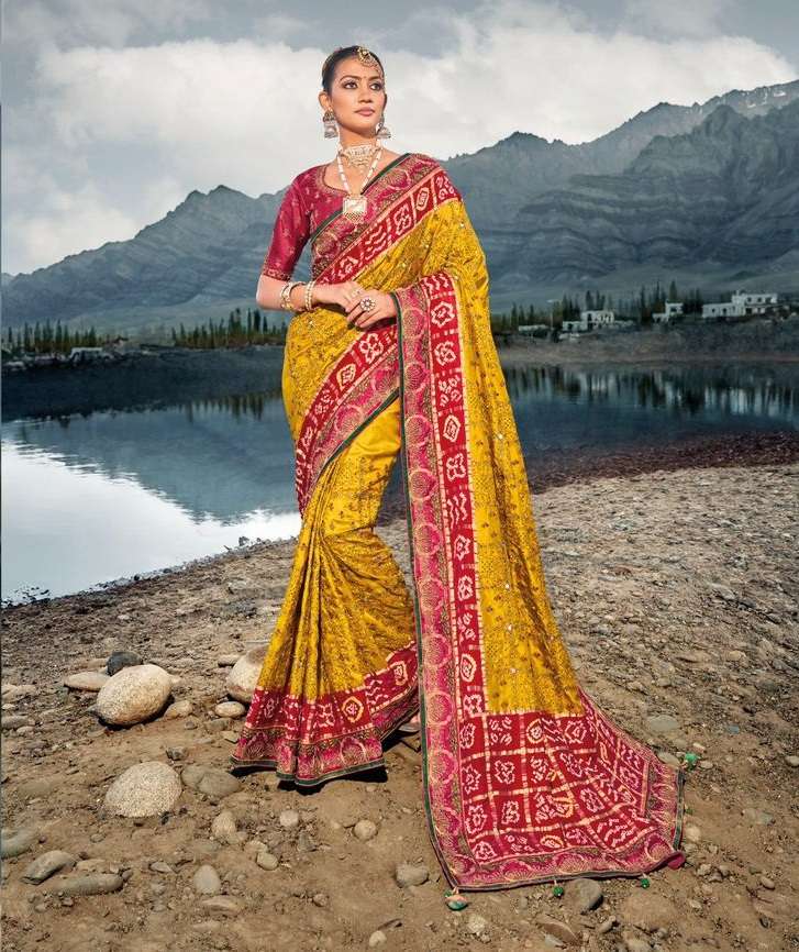 INDIAN DESIGNER YELLOW KACHHI BANDHEJ SILK SAREE FOR WEDDING BRIDAL PARTY WEAR SM MN 7304