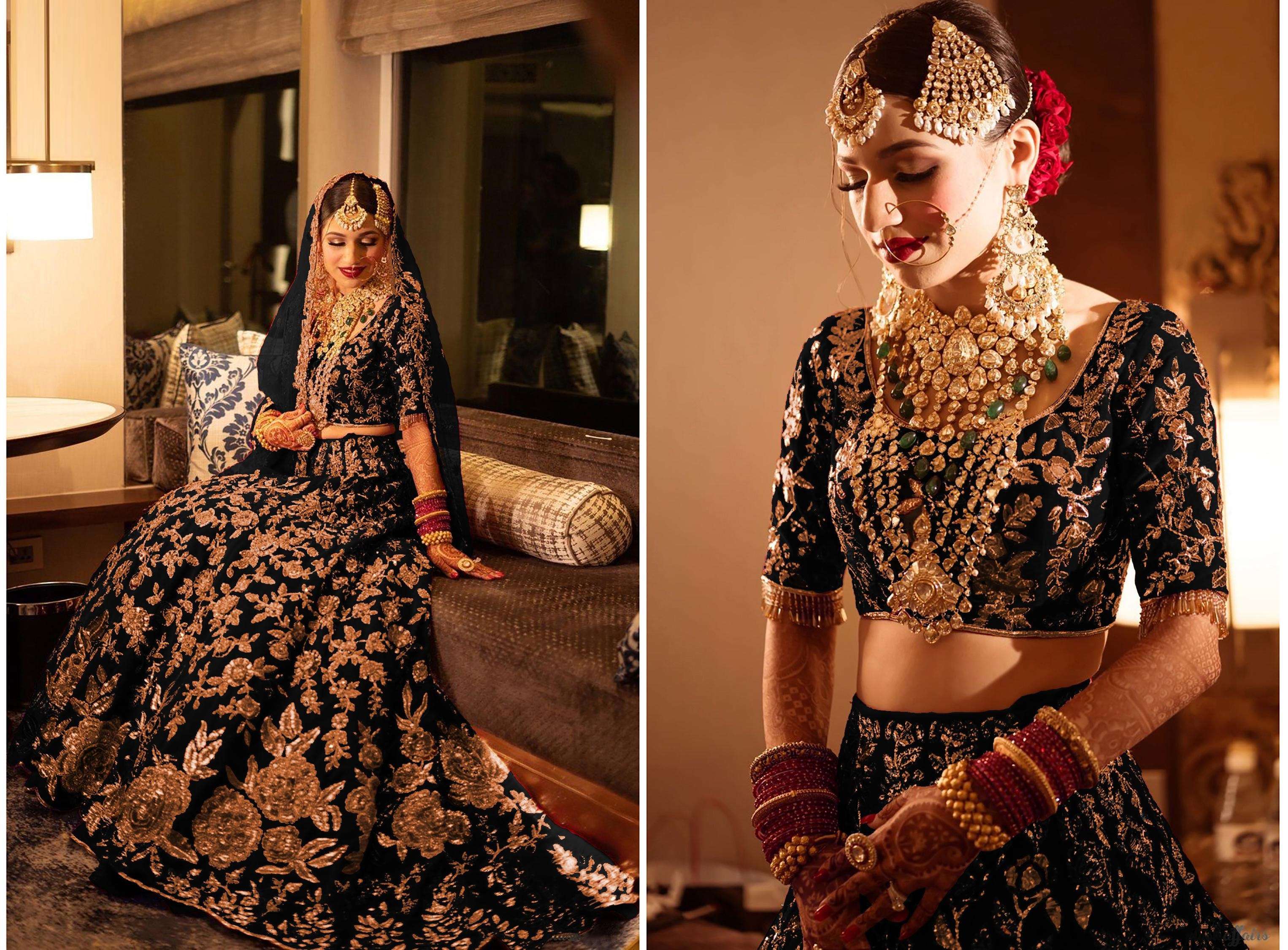 PREMIUM DESIGNER FANCY BOLLYWOOD STYLE BLACK WEDDING BRIDAL LEHENGA CHOLI IN VELVET KB1072 D