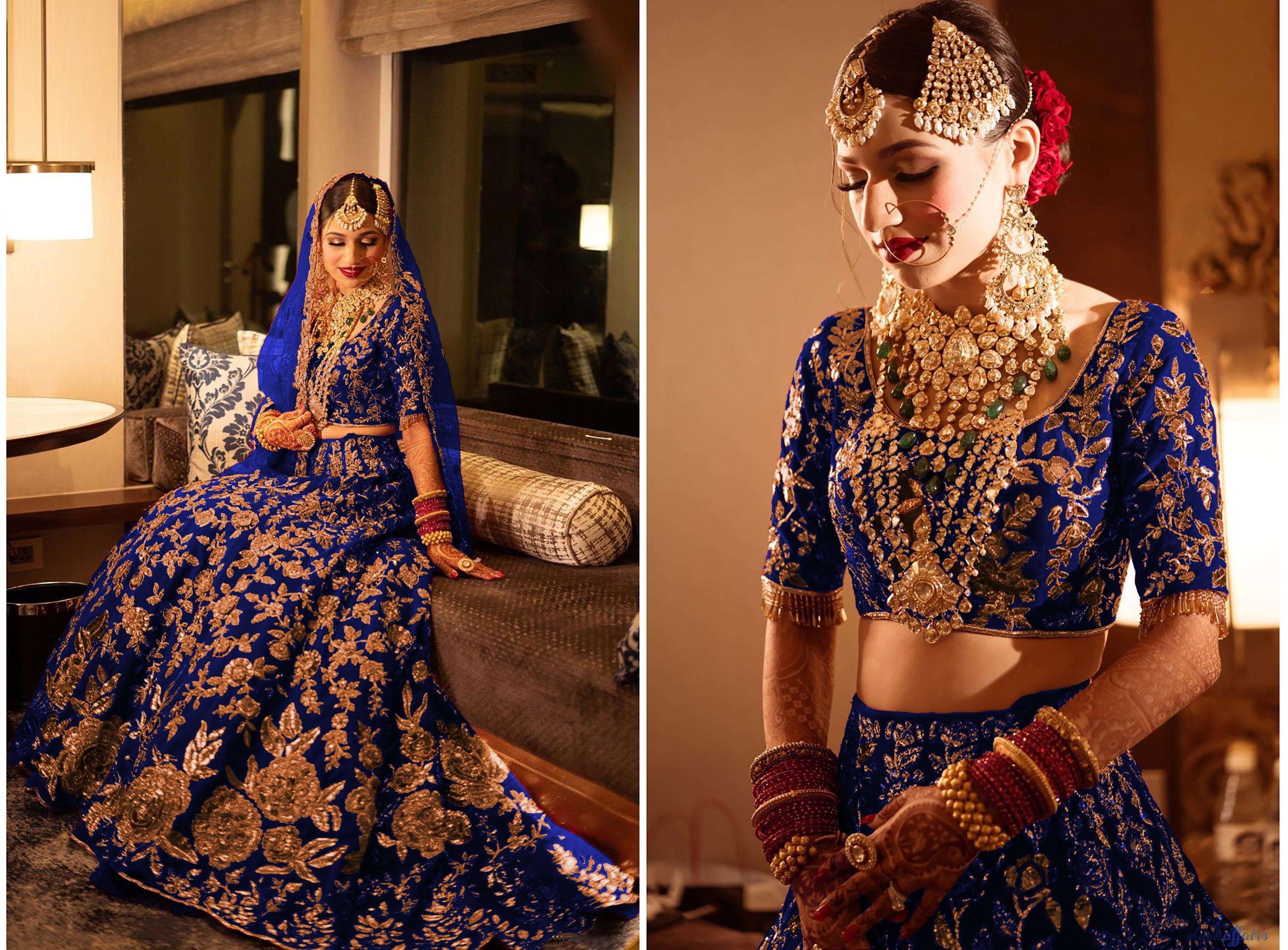 PREMIUM DESIGNER FANCY BOLLYWOOD STYLE BLUE WEDDING BRIDAL LEHENGA CHOLI IN VELVET KB1072 C