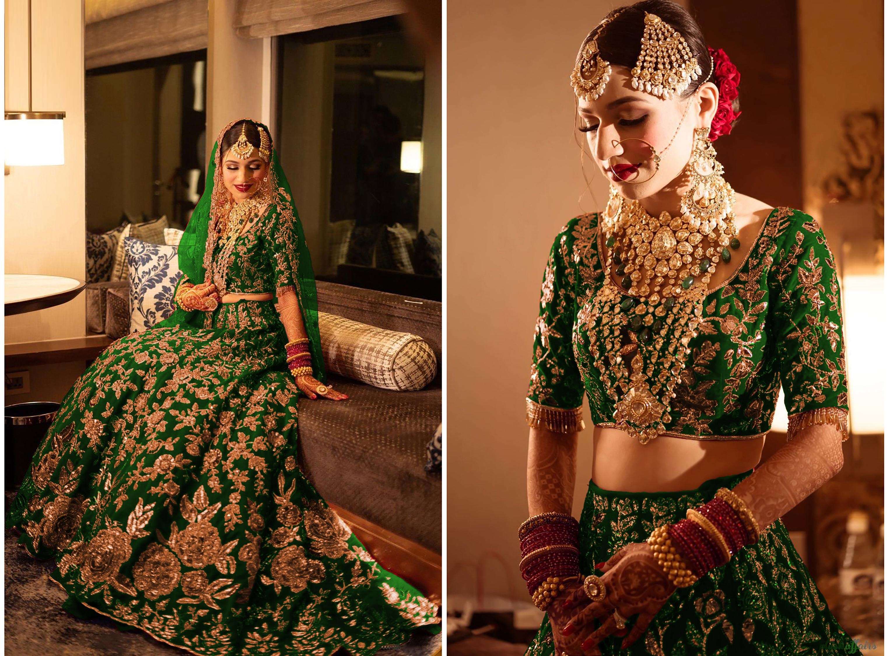 PREMIUM DESIGNER FANCY BOLLYWOOD STYLE GREEN WEDDING BRIDAL LEHENGA CHOLI IN VELVET KB1072 B