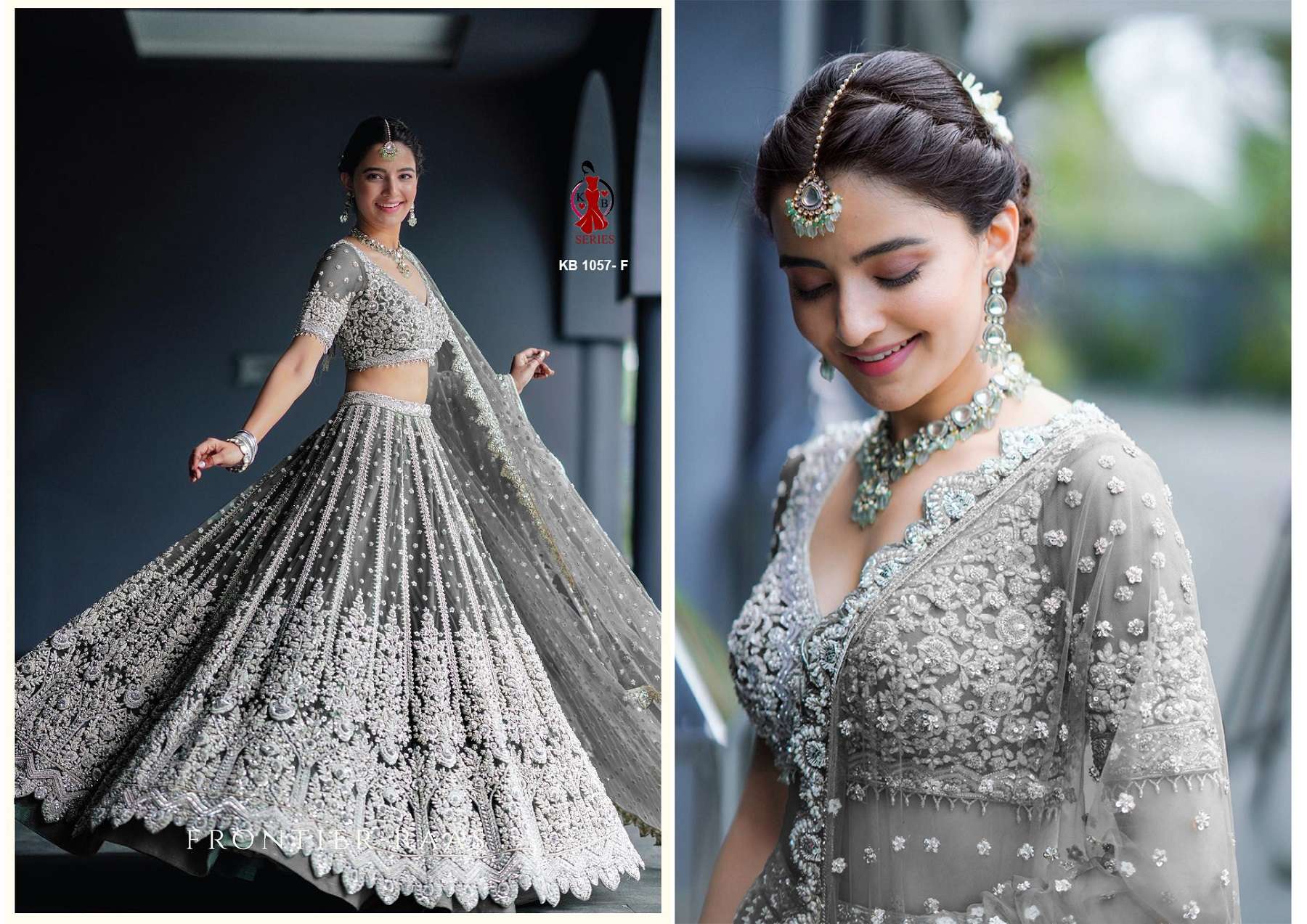 BEST QUALITY INDIAN DESIGNER BOLLYWOOD WEDDING PARTY WEAR GREY LEHENGA AT WHOLESALE RATE KB1057 F