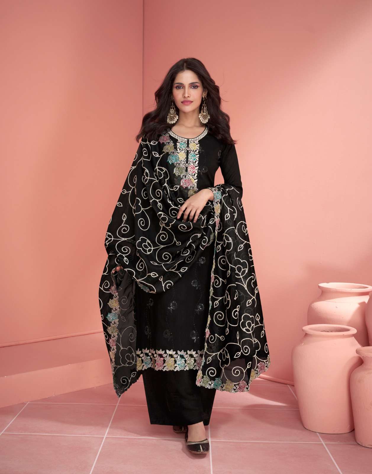 DESIGNER FANCY PARTY WEAR BLACK PREMIUM SILK STRAIGHT PUNJABI SALWAR SUIT AF MEHRAN 9816