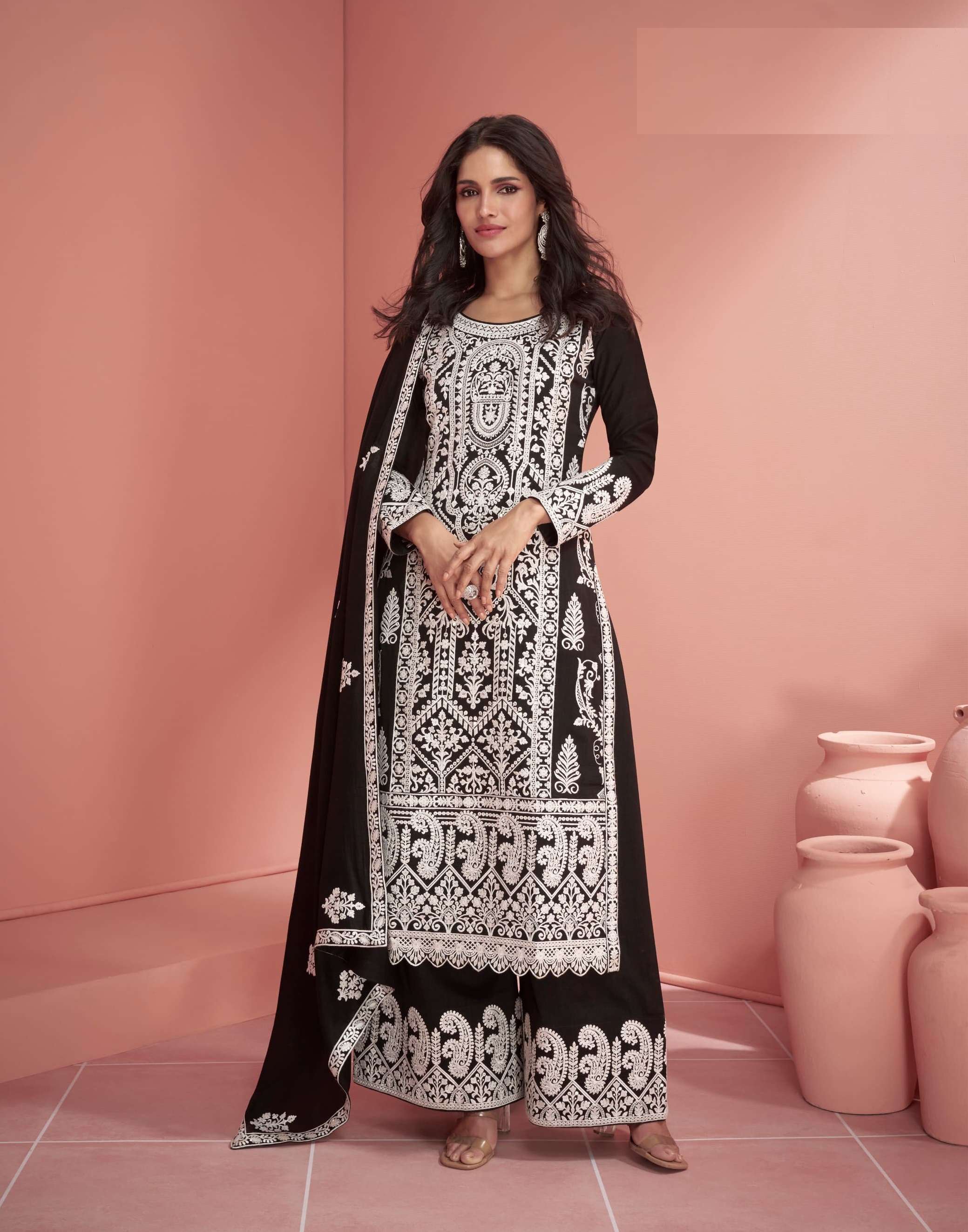 DESIGNER FANCY PARTY WEAR BLACK SILK SHARARA PALAZZO SALWAR SUIT AF RUHANI 9903