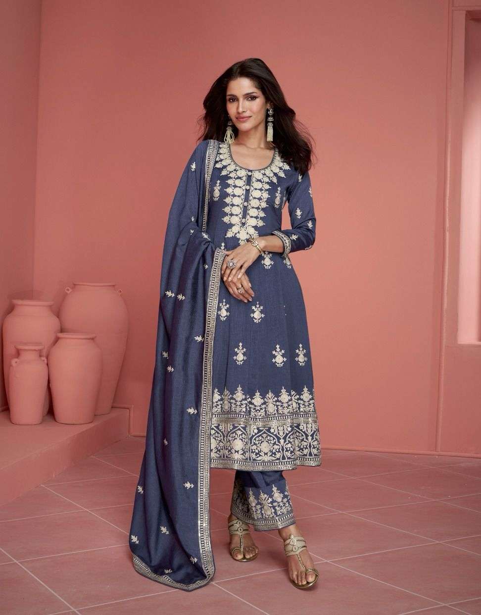 DESIGNER FANCY PARTY WEAR BLUE PREMIUM SILK STRAIGHT PUNJABI SALWAR SUIT AF RUBINA 9898