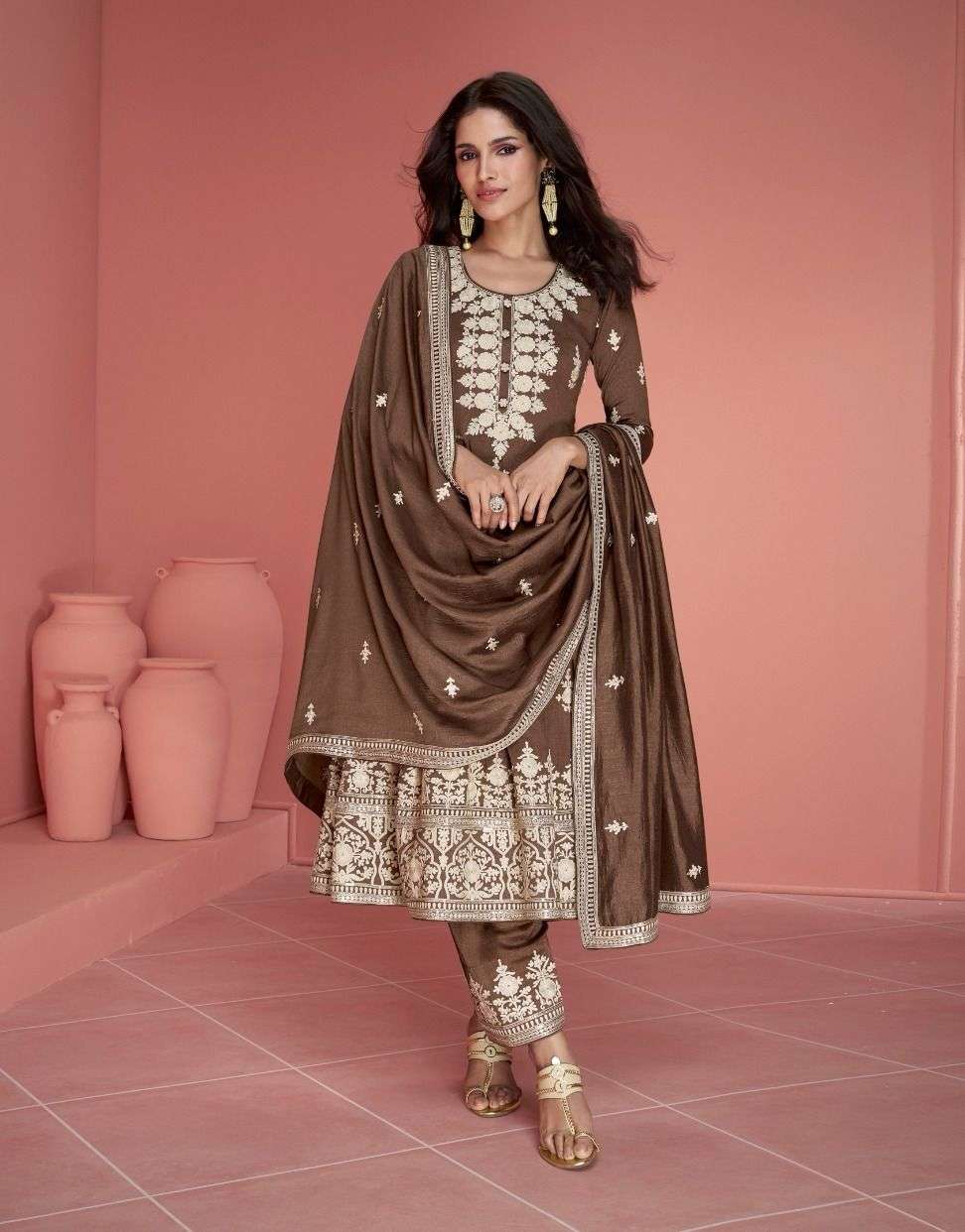 DESIGNER FANCY PARTY WEAR BROWN PREMIUM SILK STRAIGHT PUNJABI SALWAR SUIT AF RUBINA 9899