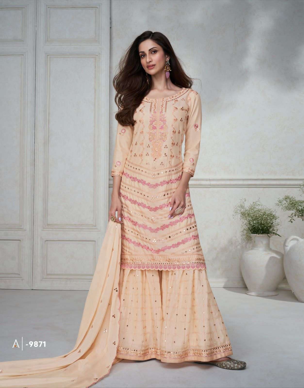 DESIGNER FANCY PARTY WEAR CHINON SILK BEIGE SHARARA PALAZZO SALWAR SUIT AF AGHANOOR 9871