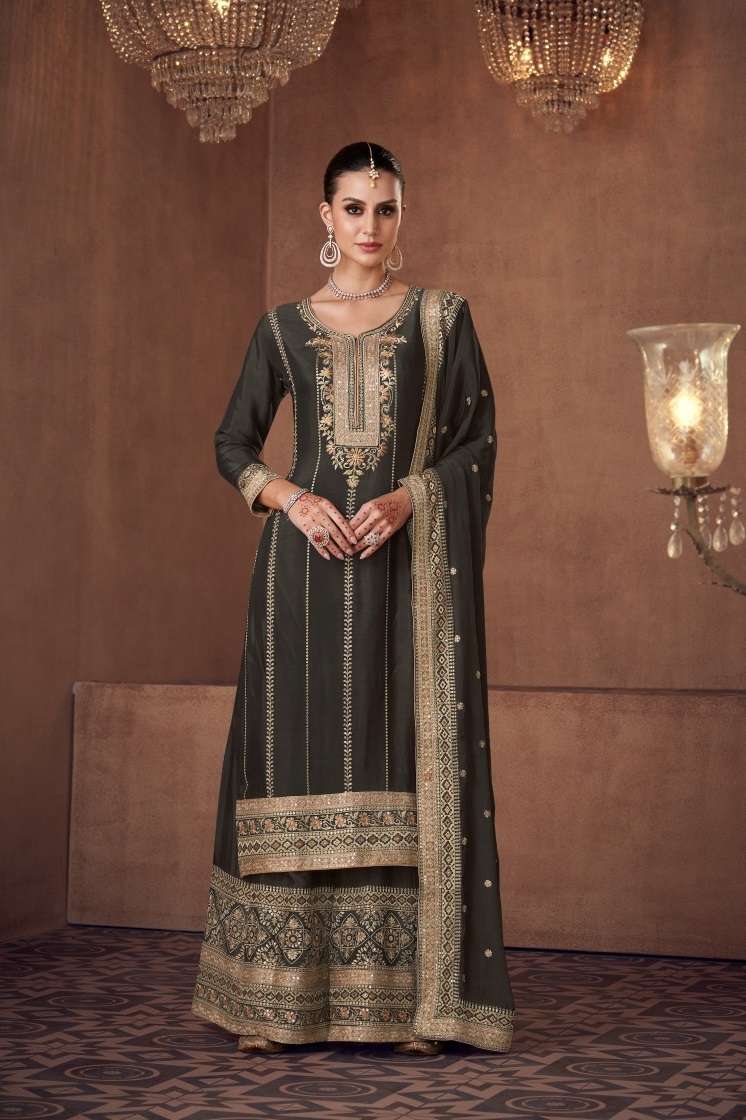 DESIGNER FANCY PARTY WEAR CHINON SILK BLACK SHARARA PALAZZO SALWAR SUIT SY VEEDA 7413