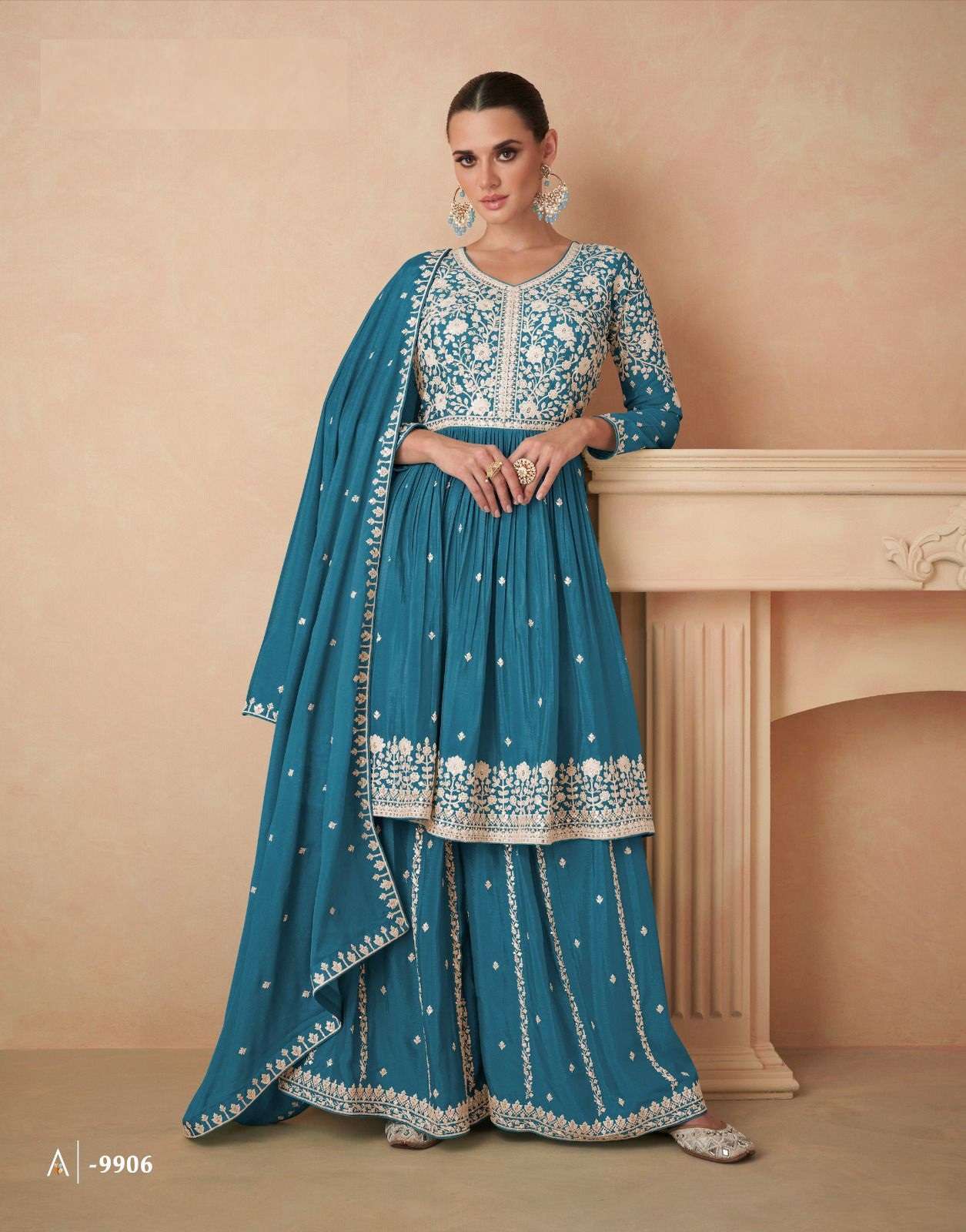 DESIGNER FANCY PARTY WEAR CHINON SILK BLUE SHARARA PALAZZO SALWAR SUIT AF AAHANA 9906