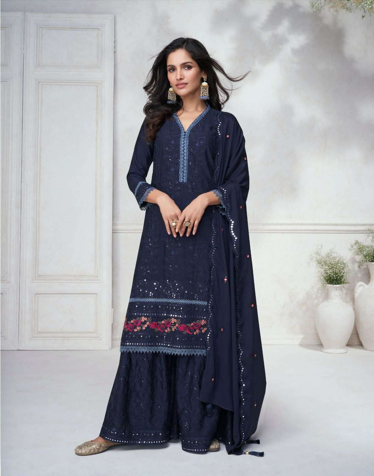 DESIGNER FANCY PARTY WEAR CHINON SILK BLUE SHARARA PALAZZO SALWAR SUIT AF AGHANOOR 9874