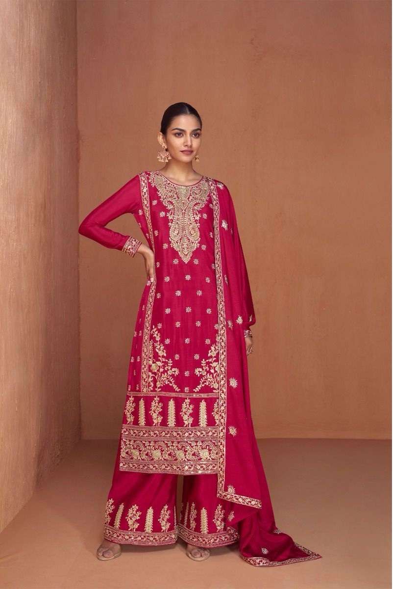 DESIGNER FANCY PARTY WEAR CHINON SILK DEEP PINK SHARARA PALAZZO SALWAR SUIT GL GAZAL 7430