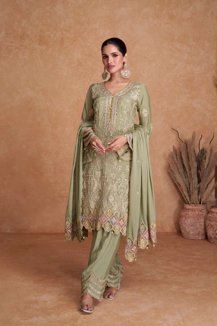 DESIGNER FANCY PARTY WEAR CHINON SILK GREEN SHARARA PALAZZO SALWAR SUIT SY VEEDA 7412