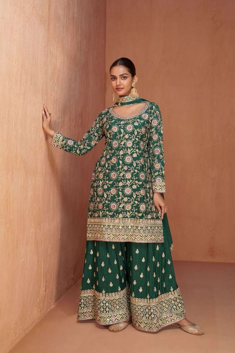 DESIGNER FANCY PARTY WEAR CHINON SILK GREEN SHARARA PALAZZO SALWAR SUIT GL GAZAL 7433