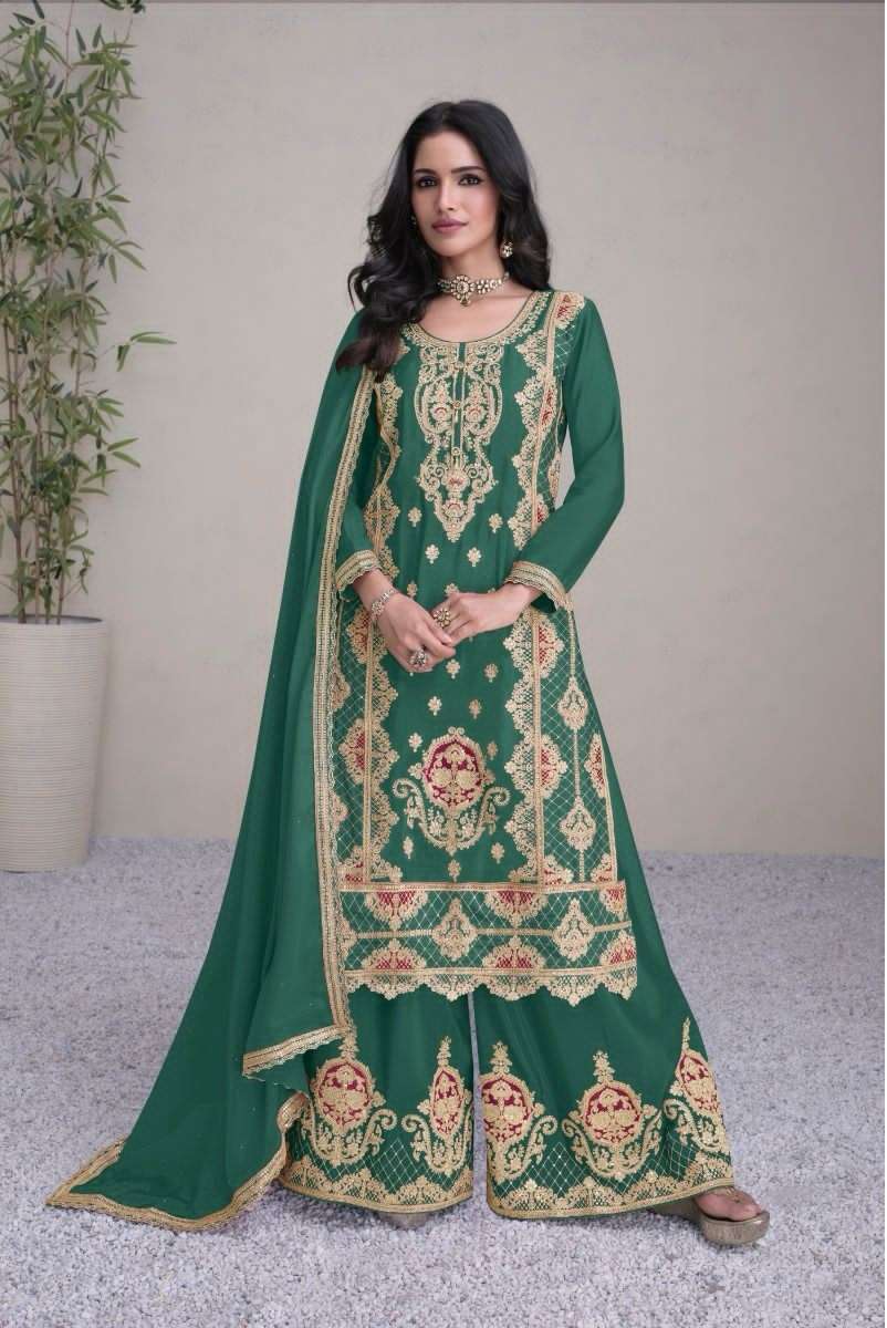 DESIGNER FANCY PARTY WEAR CHINON SILK GREEN SHARARA PALAZZO SALWAR SUIT GL HIRWA 1001 D