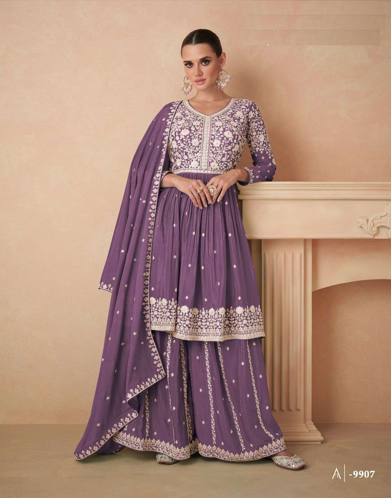 DESIGNER FANCY PARTY WEAR CHINON SILK LAVENDER SHARARA PALAZZO SALWAR SUIT AF AAHANA 9907