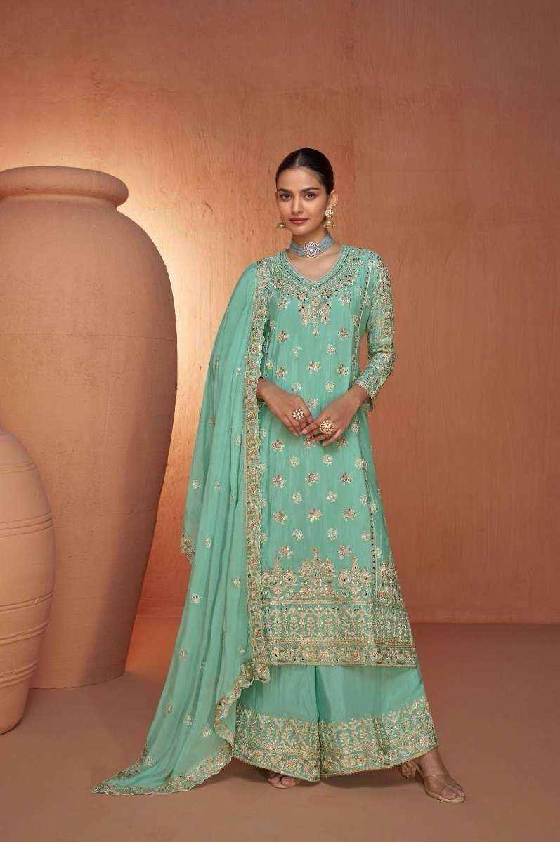 DESIGNER FANCY PARTY WEAR CHINON SILK MINT GREEN SHARARA PALAZZO SALWAR SUIT GL GAZAL 7431