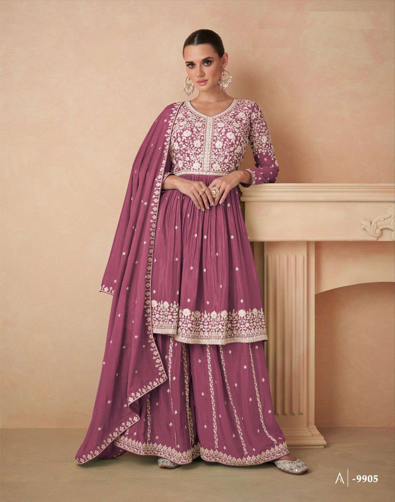 DESIGNER FANCY PARTY WEAR CHINON SILK PINK SHARARA PALAZZO SALWAR SUIT AF AAHANA 9905