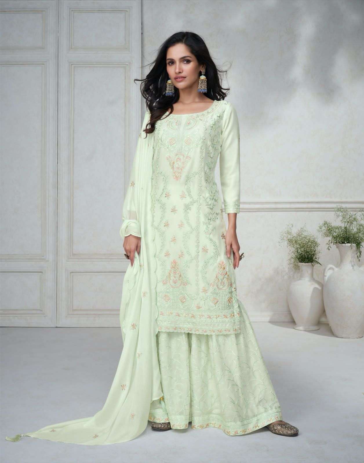 DESIGNER FANCY PARTY WEAR CHINON SILK PISTA GREEN SHARARA PALAZZO SALWAR SUIT AF AGHANOOR 9873