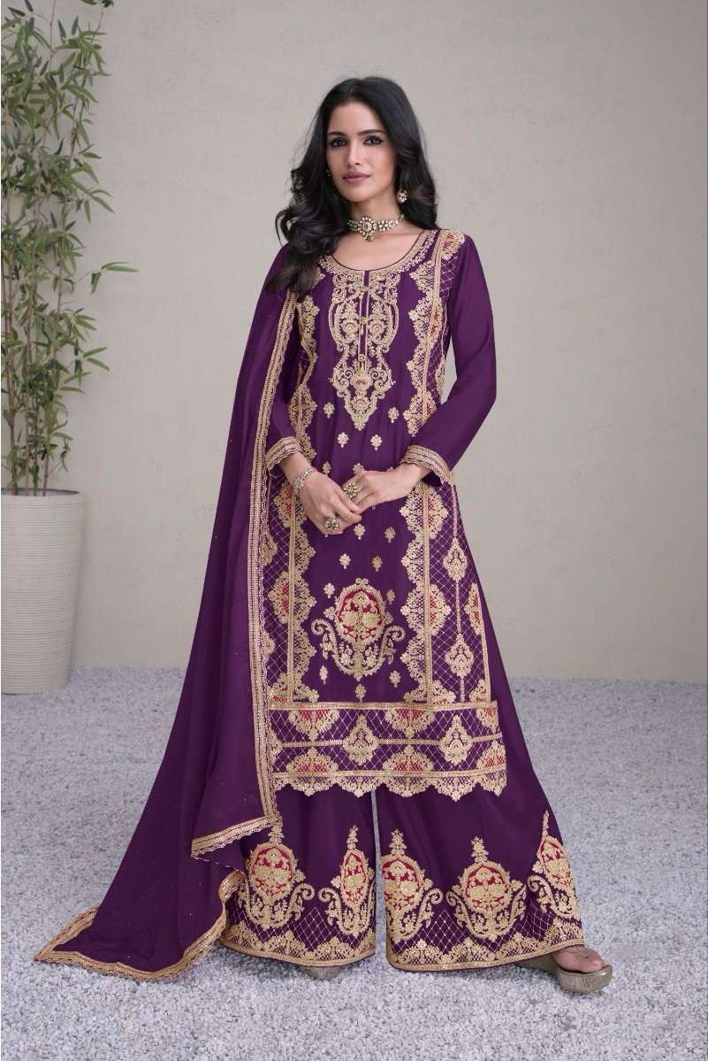 DESIGNER FANCY PARTY WEAR CHINON SILK WINE SHARARA PALAZZO SALWAR SUIT GL HIRWA 1001 C