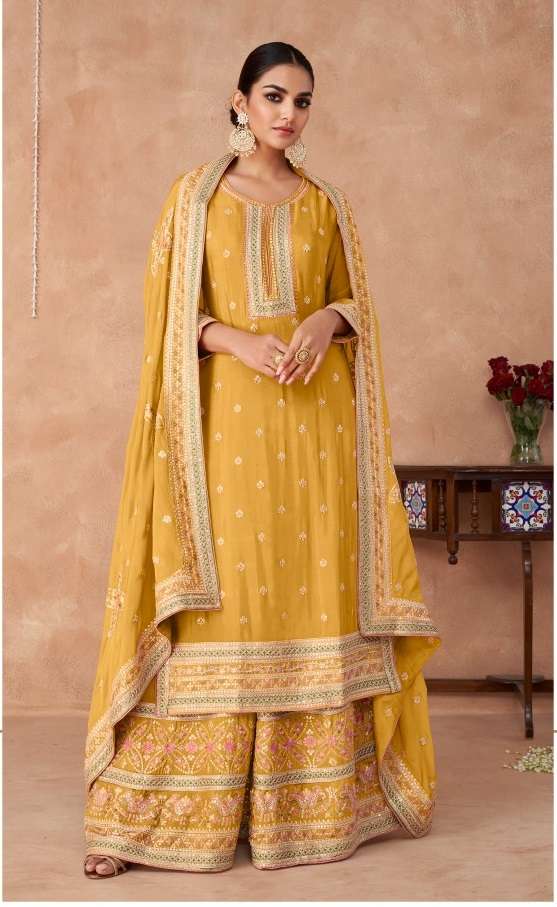 DESIGNER FANCY PARTY WEAR CHINON SILK YELLOW SHARARA PALAZZO SALWAR SUIT SY VEEDA 7414