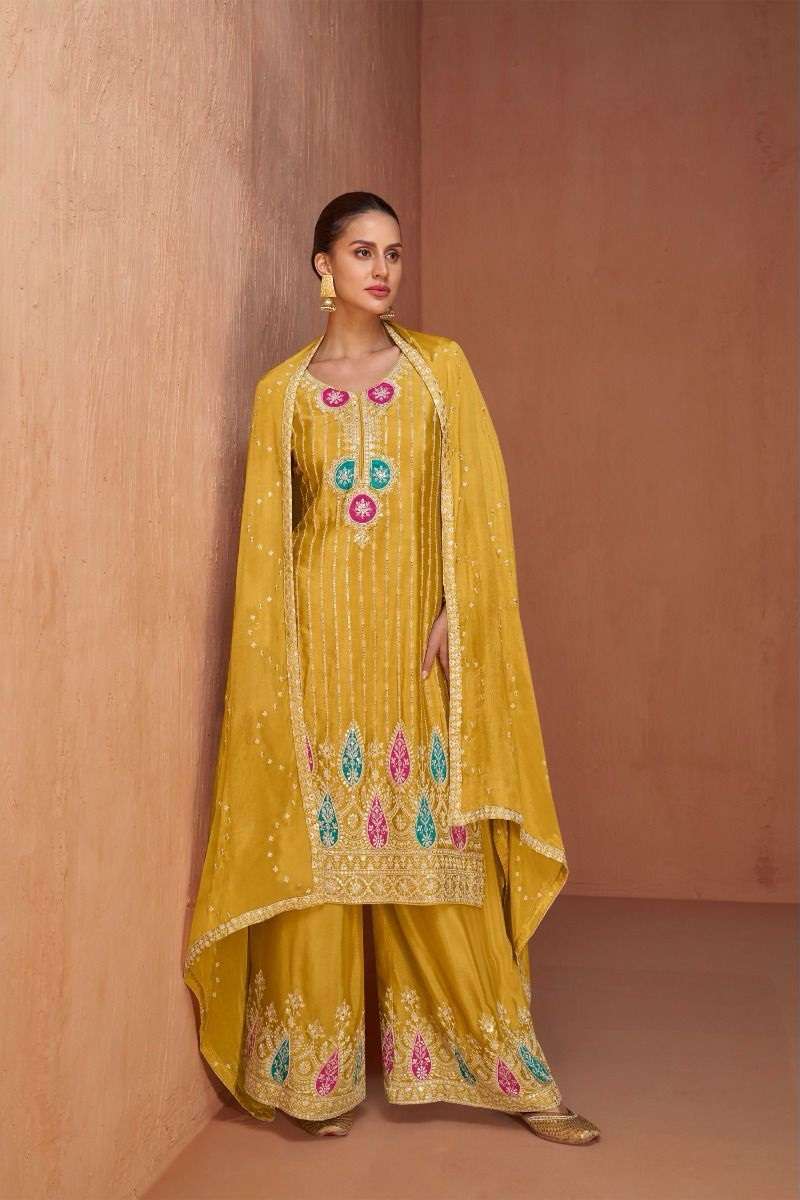 DESIGNER FANCY PARTY WEAR CHINON SILK YELLOW SHARARA PALAZZO SALWAR SUIT GL GAZAL 7432