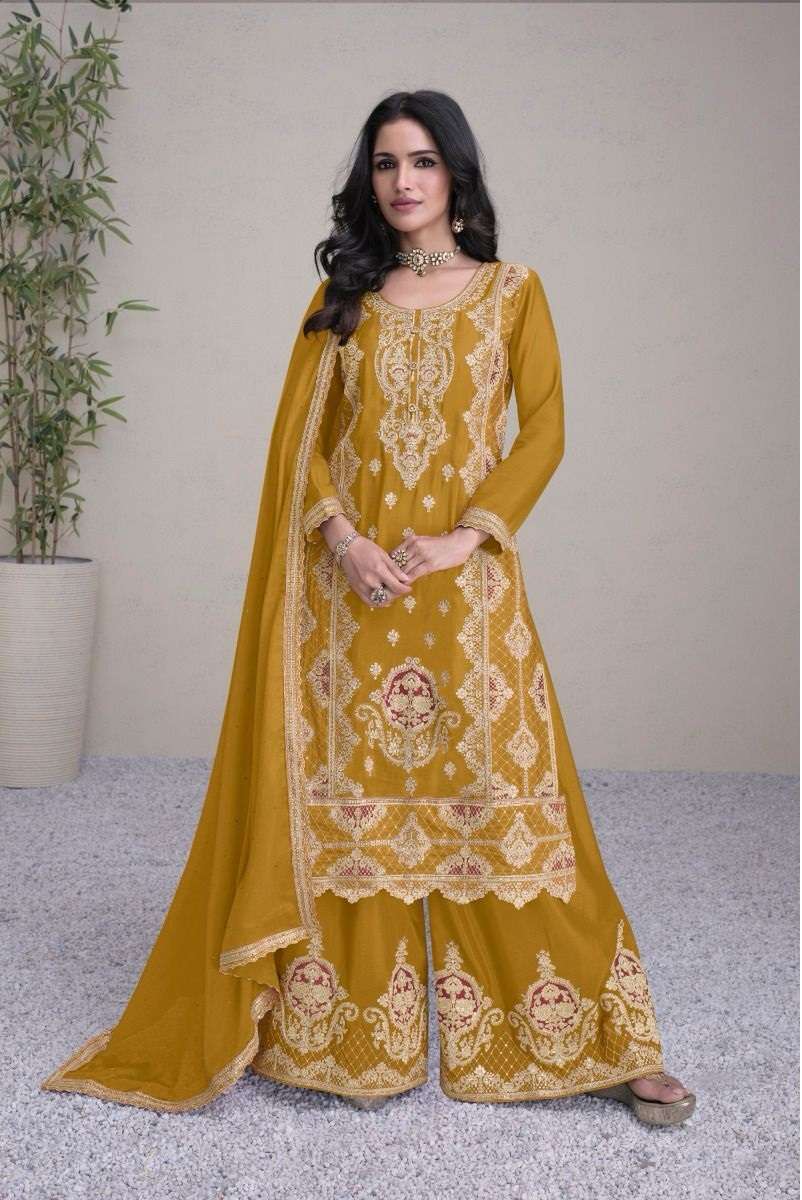 DESIGNER FANCY PARTY WEAR CHINON SILK YELLOW SHARARA PALAZZO SALWAR SUIT GL HIRWA 1001 B