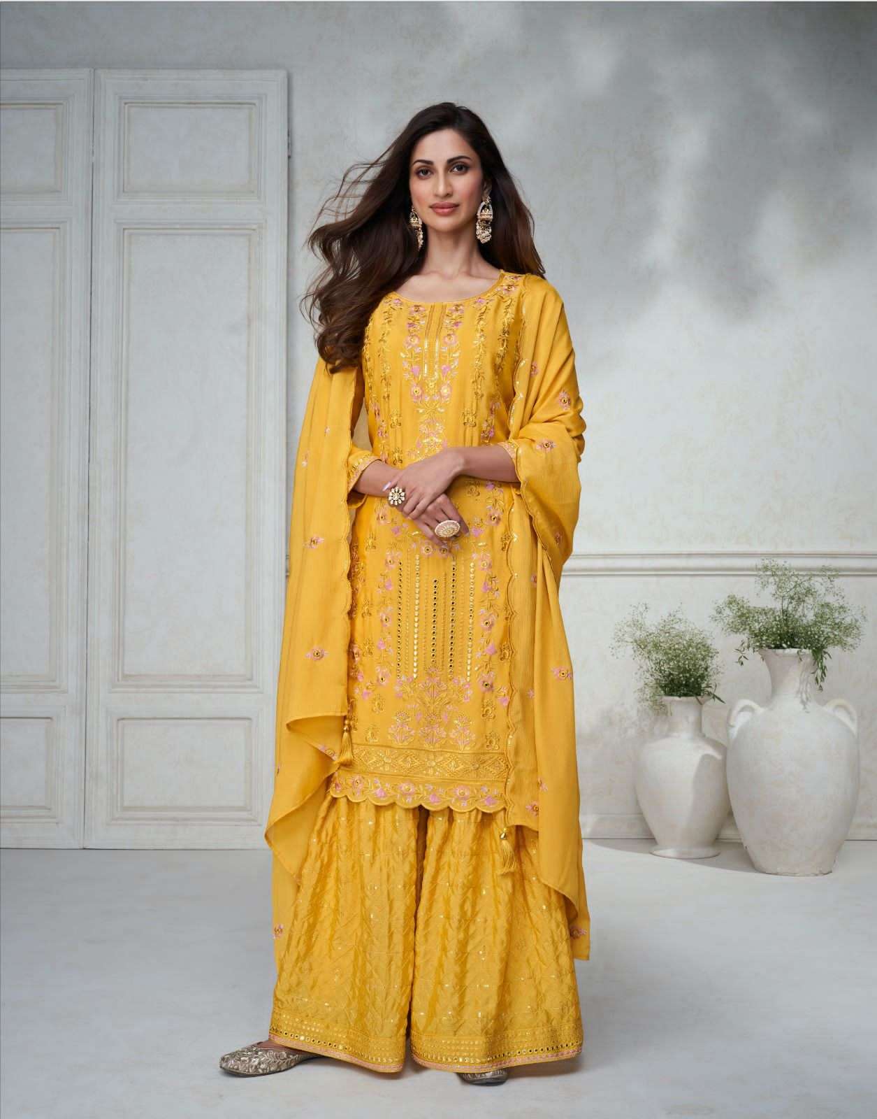 DESIGNER FANCY PARTY WEAR CHINON SILK YELLOW SHARARA PALAZZO SALWAR SUIT AF AGHANOOR 9872