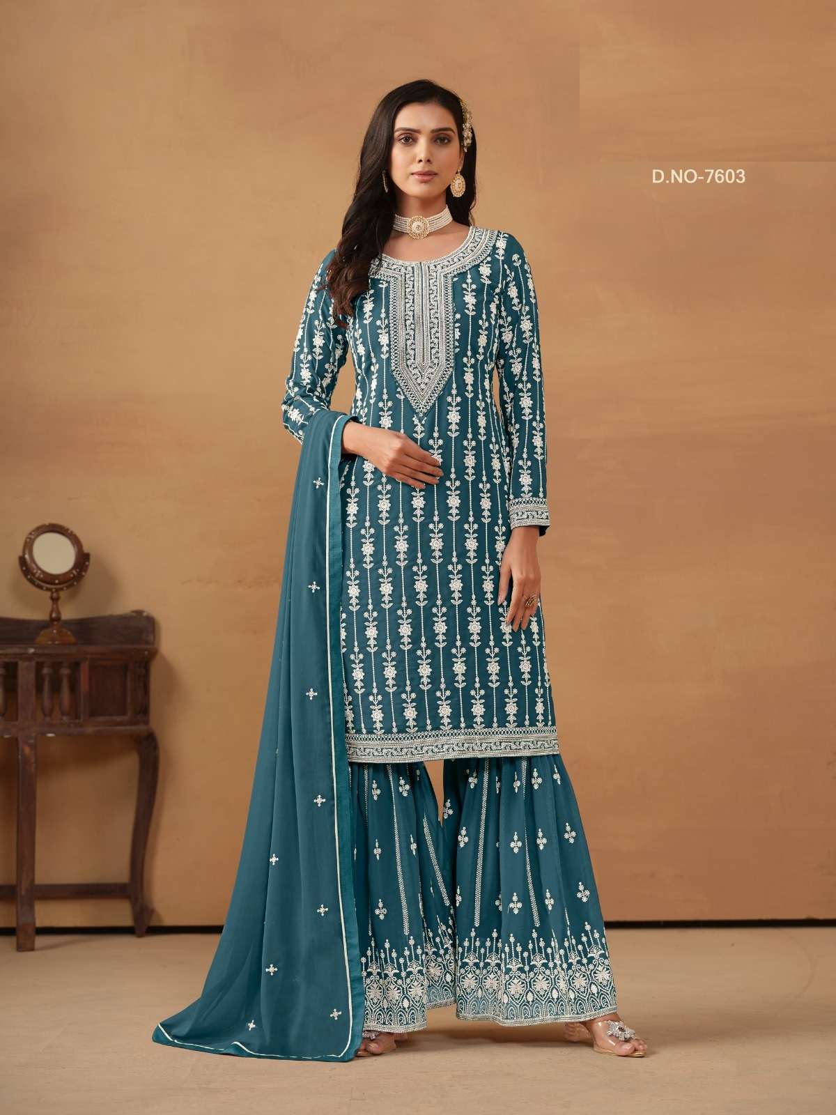 DESIGNER FANCY PARTY WEAR FAUX GEORGETTE BLUE PUNJABI SHARARA PALAZZO SALWAR SUIT ANY 7603