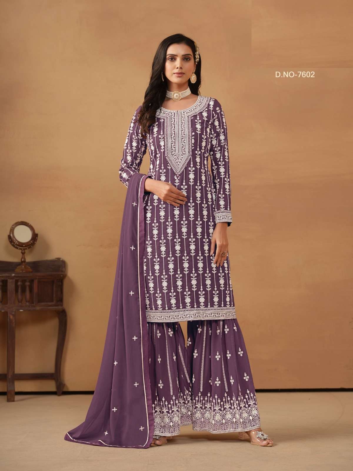 DESIGNER FANCY PARTY WEAR FAUX GEORGETTE LAVENDER PUNJABI SHARARA PALAZZO SALWAR SUIT ANY 7602