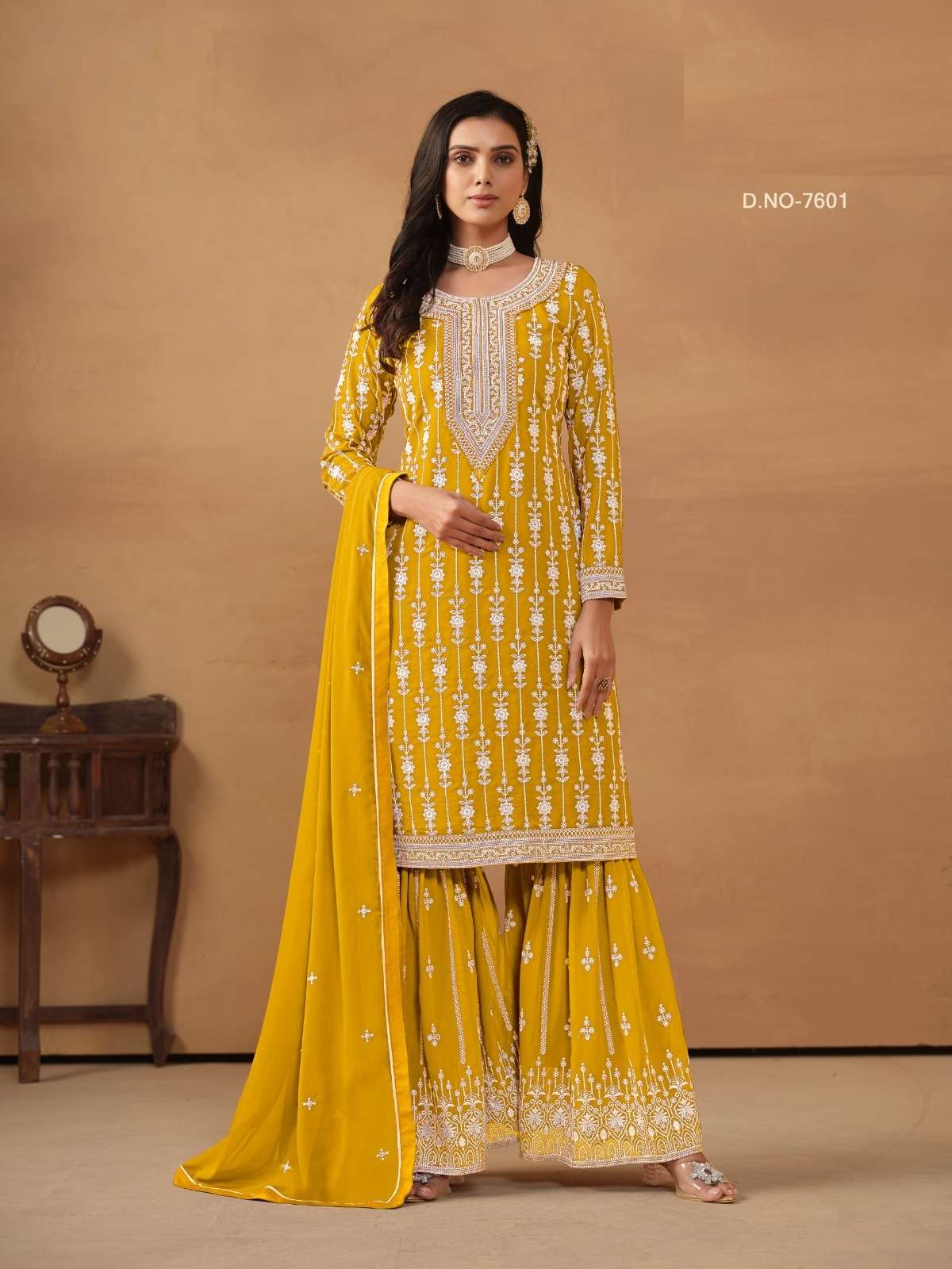 DESIGNER FANCY PARTY WEAR FAUX GEORGETTE YELLOW PUNJABI SHARARA PALAZZO SALWAR SUIT ANY 7601