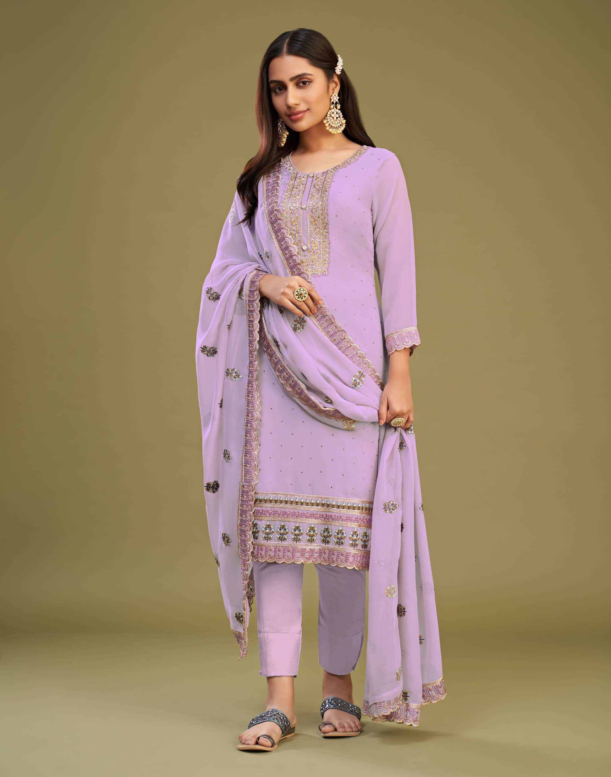 DESIGNER FANCY PARTY WEAR LAVENDER GEORGETTE STRAIGHT SALWAR SUIT AL ALMORA 3035