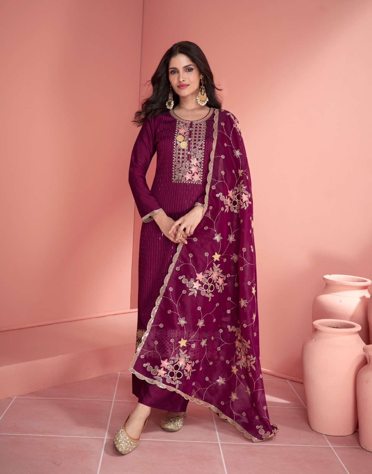 DESIGNER FANCY PARTY WEAR MAROON PREMIUM SILK STRAIGHT PUNJABI SALWAR SUIT AF MEHRAN 9815