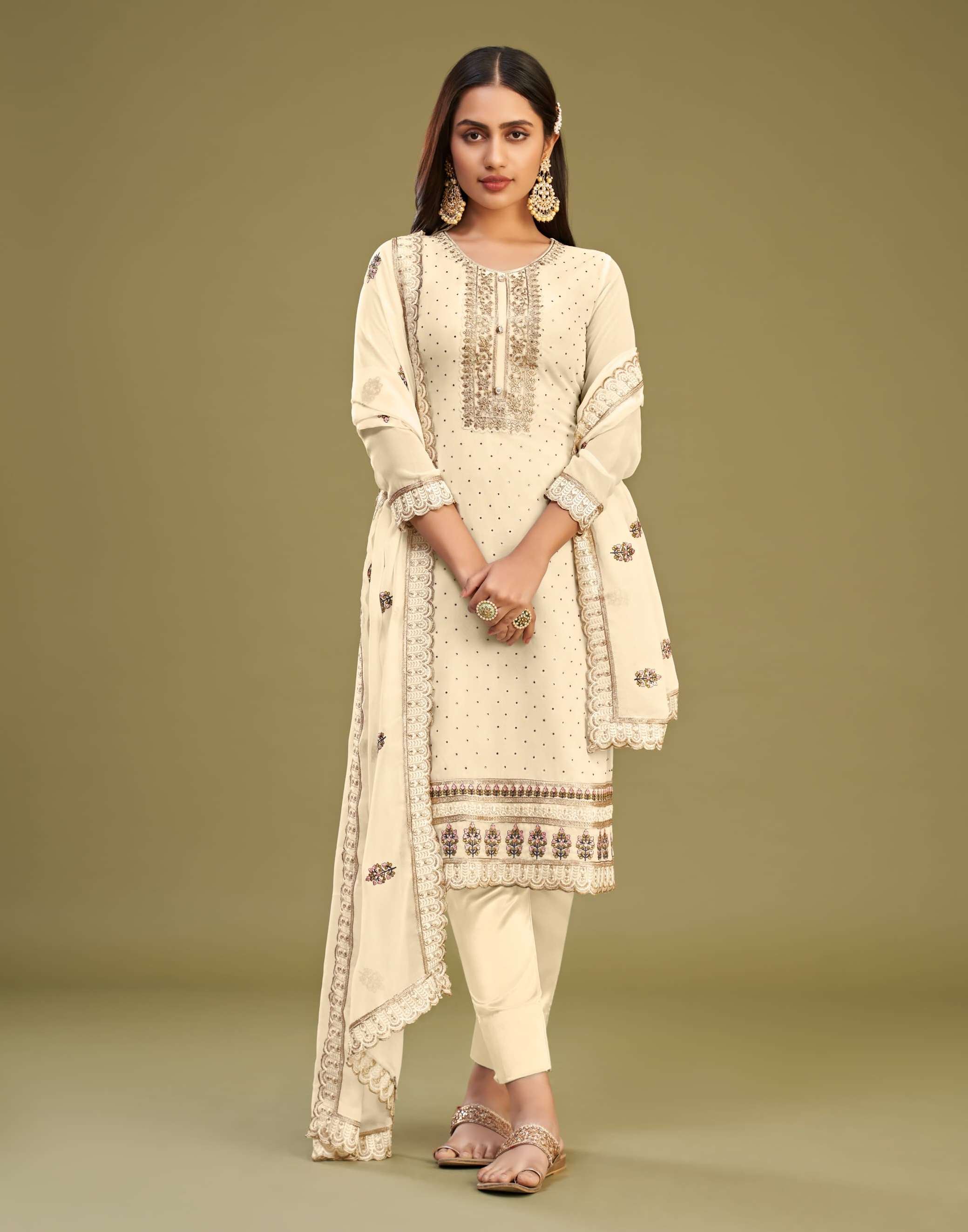 DESIGNER FANCY PARTY WEAR OFF WHITE GEORGETTE STRAIGHT SALWAR SUIT AL ALMORA 3036