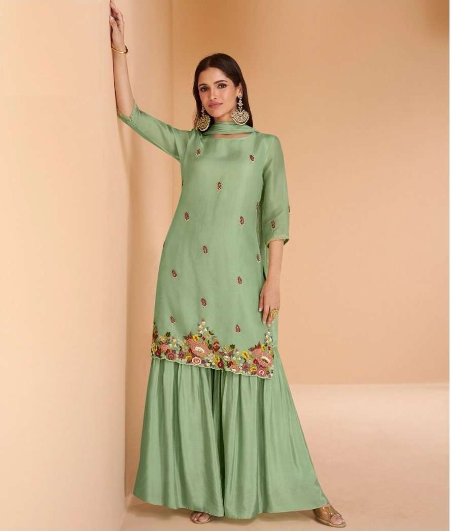 DESIGNER FANCY PARTY WEAR ORGANZA SILK GREEN SHARARA PALAZZO SALWAR SUIT SY CHANDNI 5417