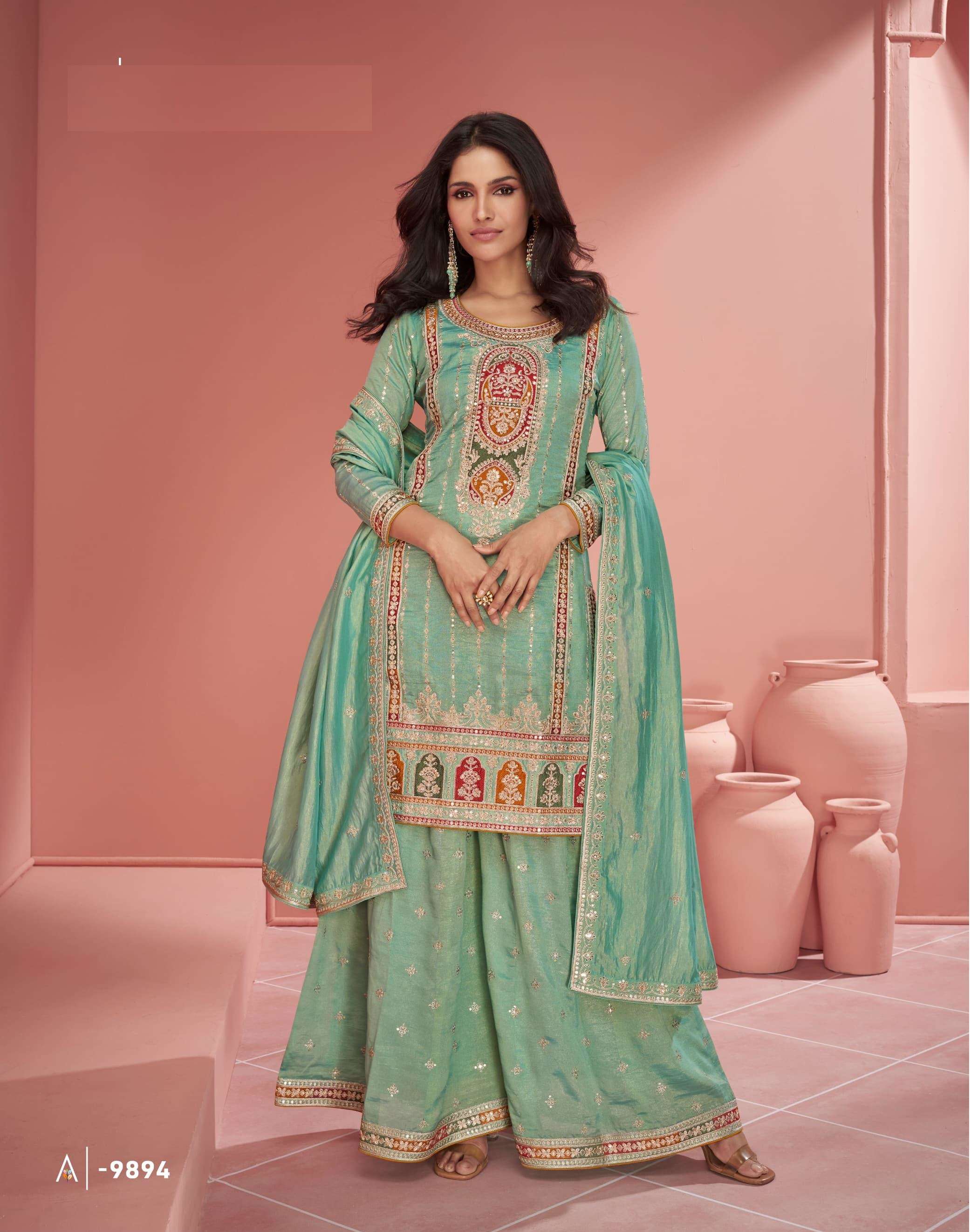 DESIGNER FANCY PARTY WEAR ORGANZA SILK GREEN SHARARA PALAZZO SALWAR SUIT 9894