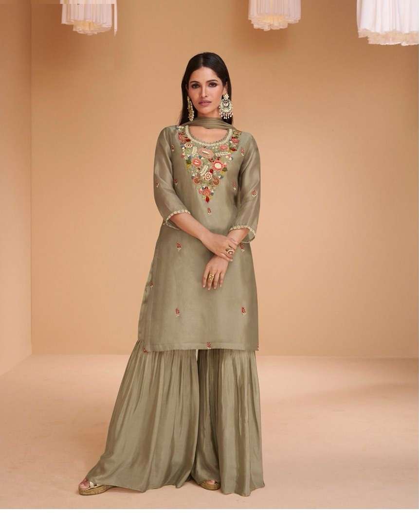 DESIGNER FANCY PARTY WEAR ORGANZA SILK GREY SHARARA PALAZZO SALWAR SUIT SY CHANDNI 5414