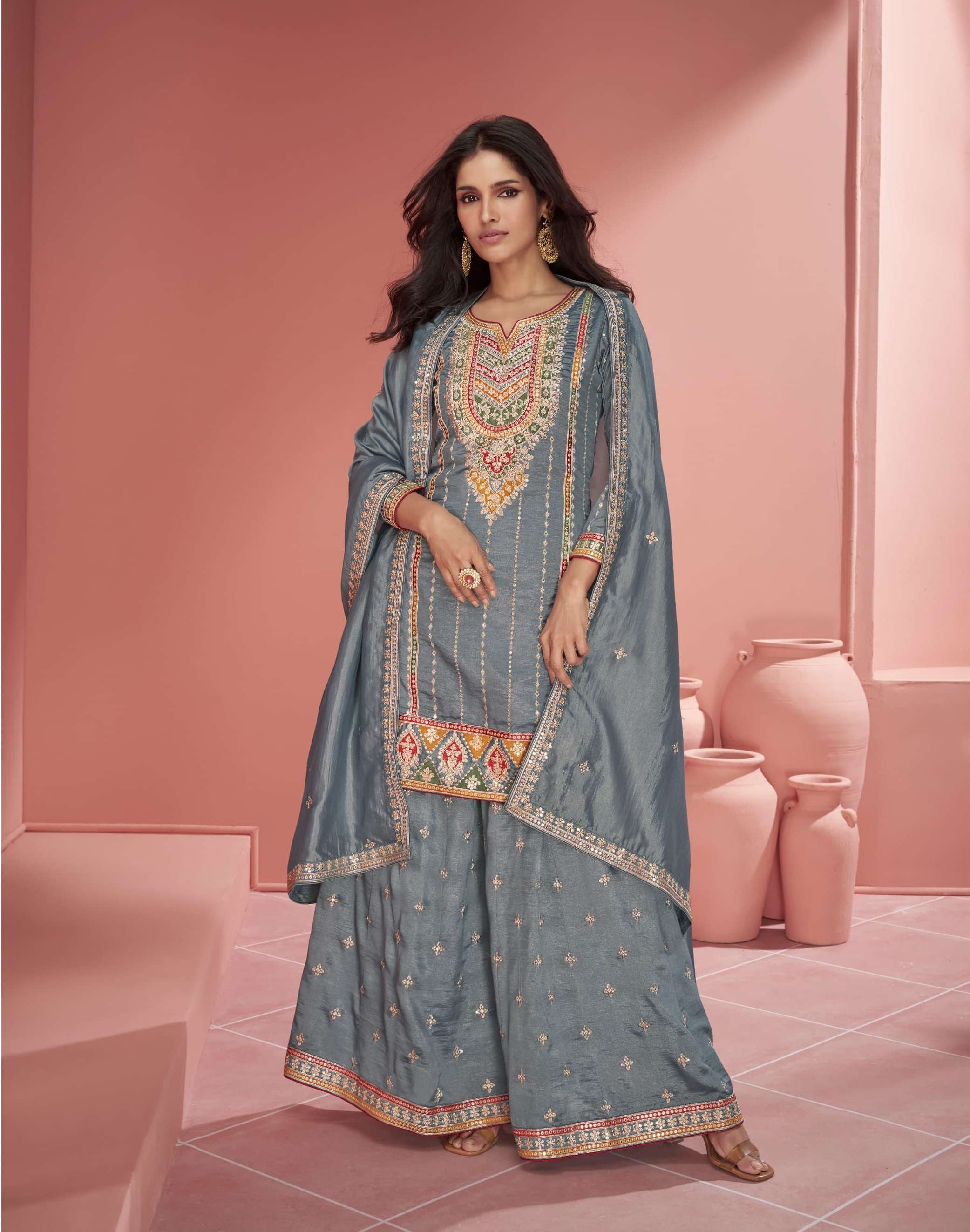 DESIGNER FANCY PARTY WEAR ORGANZA SILK GREY SHARARA PALAZZO SALWAR SUIT 9895