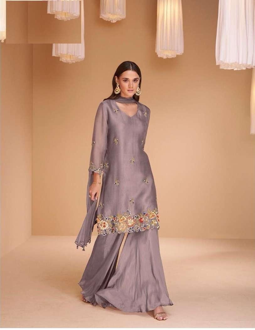 DESIGNER FANCY PARTY WEAR ORGANZA SILK LAVENDER SHARARA PALAZZO SALWAR SUIT SY CHANDNI 5416