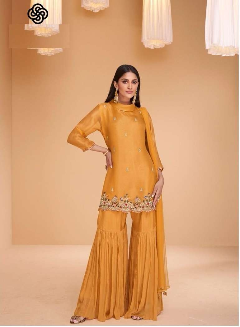 DESIGNER FANCY PARTY WEAR ORGANZA SILK YELLOW SHARARA PALAZZO SALWAR SUIT SY CHANDNI 5415