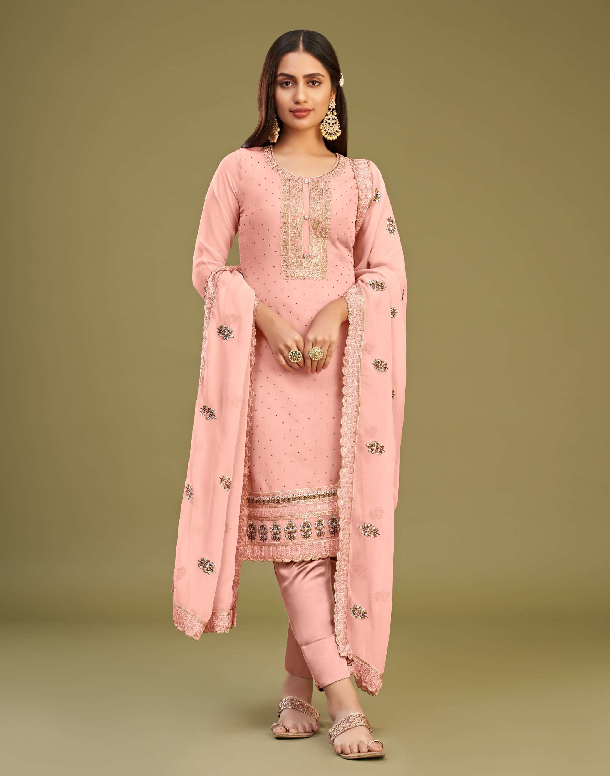 DESIGNER FANCY PARTY WEAR PINK GEORGETTE STRAIGHT SALWAR SUIT AL ALMORA 3037