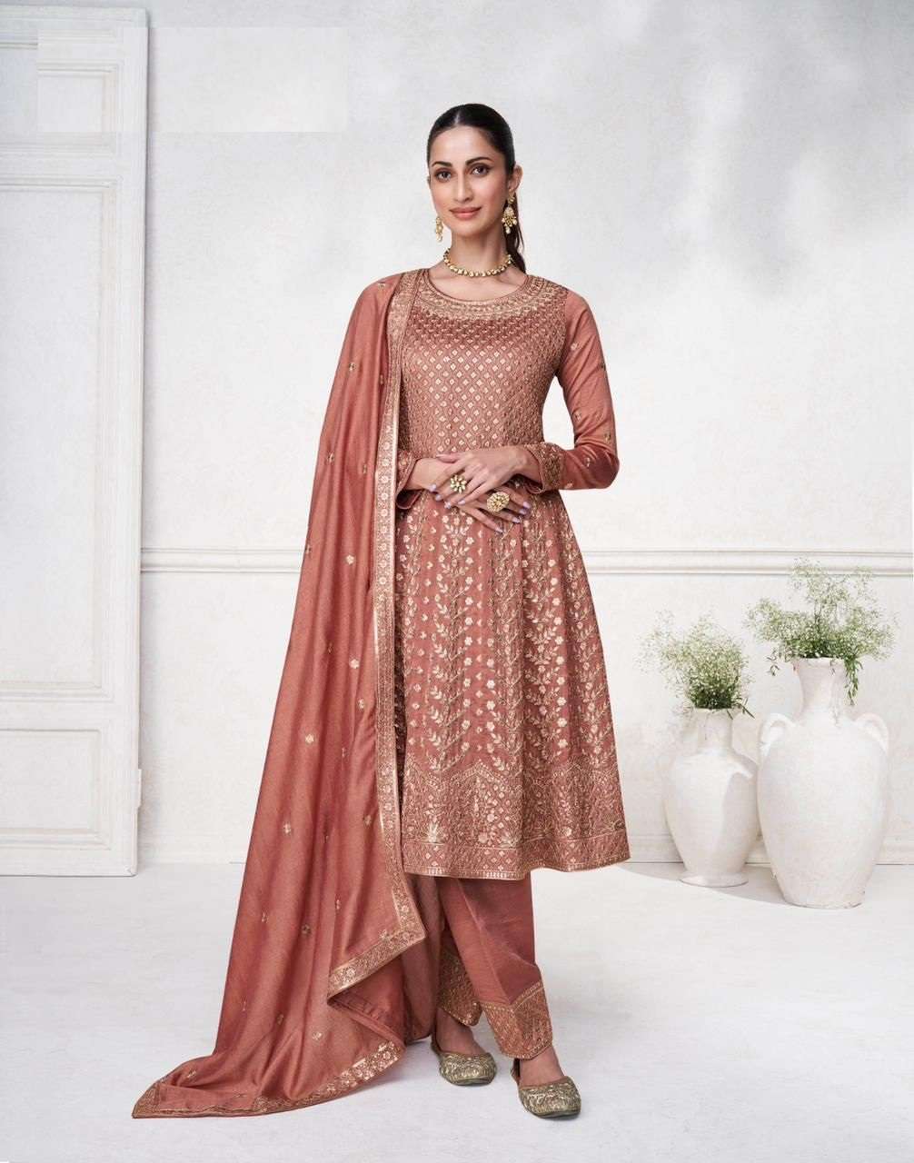 DESIGNER FANCY PARTY WEAR PREMIUM ORANGE SILK STRAIGHT PUNJABI SALWAR SUIT AF SARGAM 9847