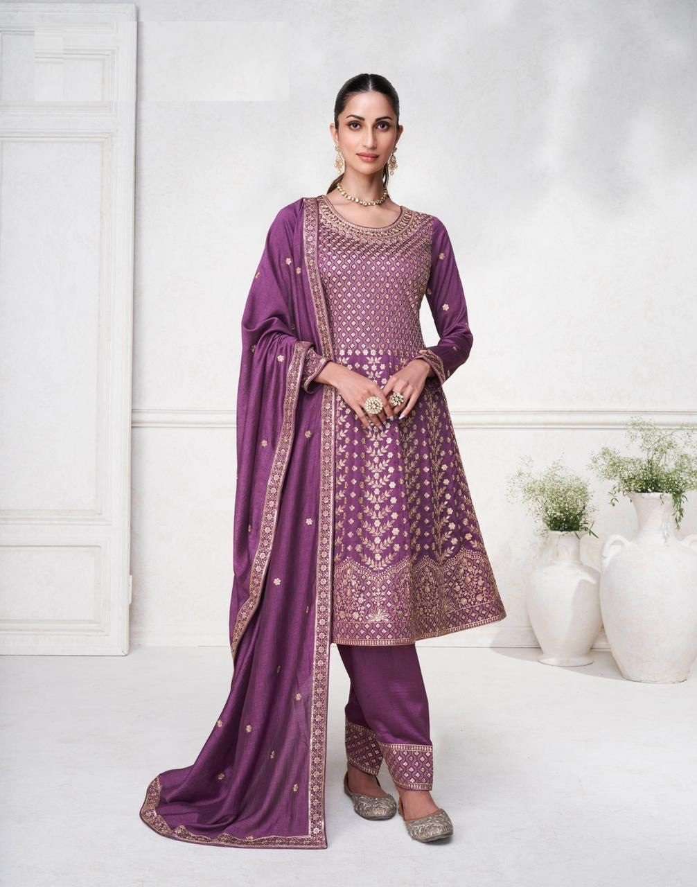 DESIGNER FANCY PARTY WEAR PREMIUM WINE SILK STRAIGHT PUNJABI SALWAR SUIT AF SARGAM 9846