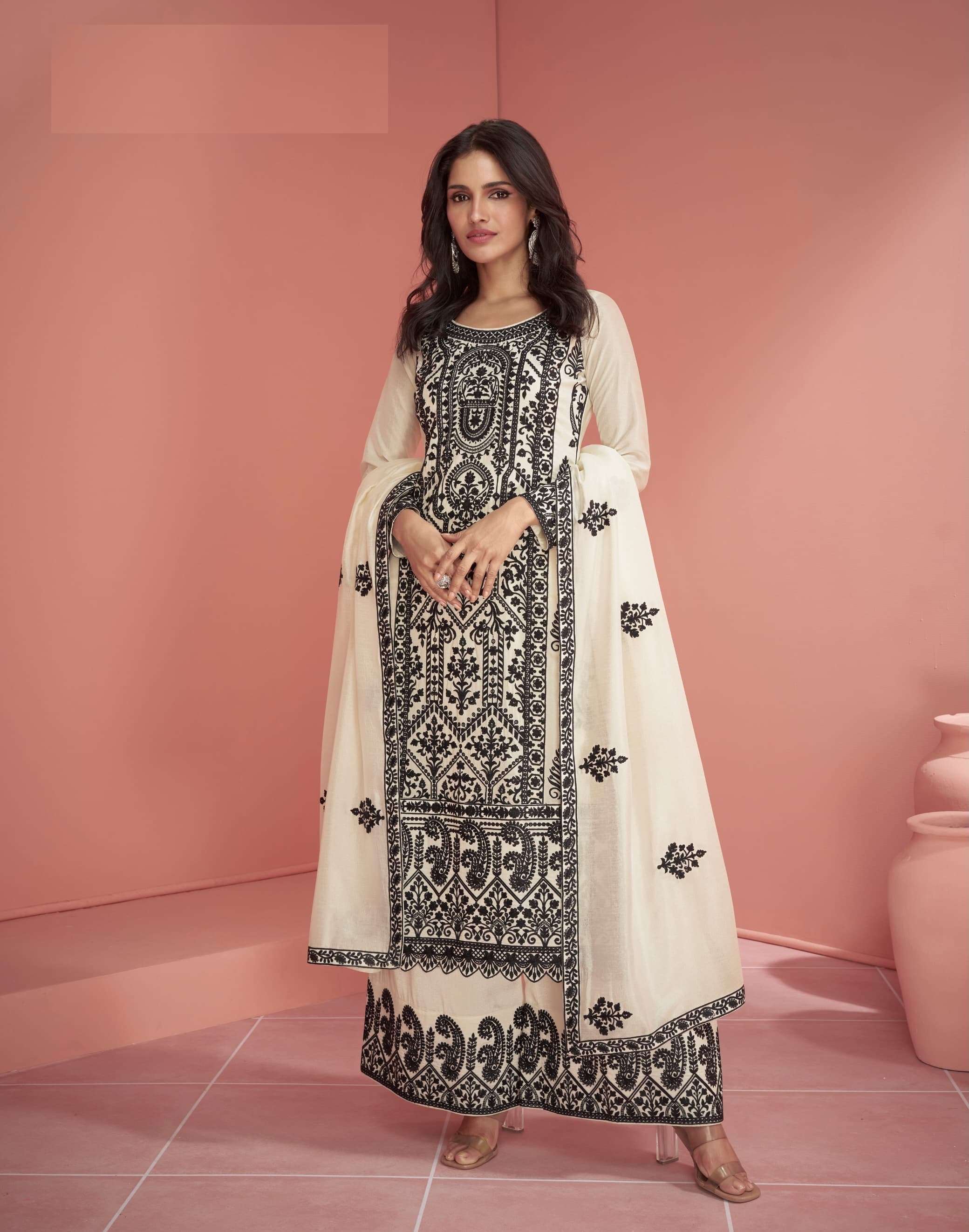 DESIGNER FANCY PARTY WEAR WHITE SILK SHARARA PALAZZO SALWAR SUIT AF RUHANI 9904