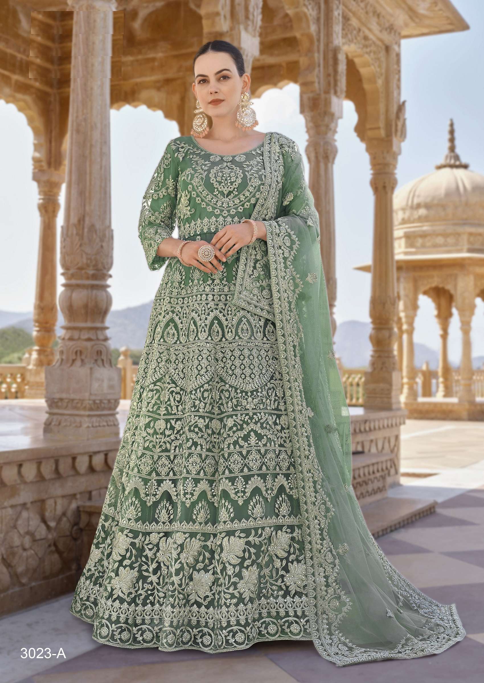 DESIGNER FANCY WEDDING BRIDAL PARTY WEAR BUTTERFLY NET TAN GREEN ANARKALI SALWAR SUIT GOWN SENHORA TWISHA 3023 A