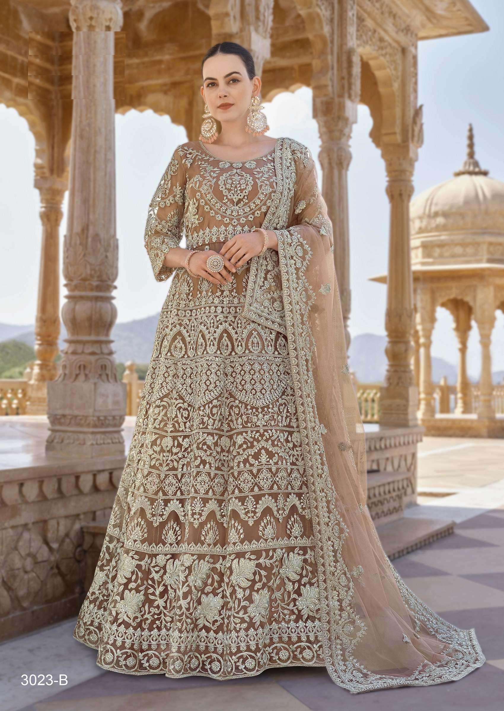 DESIGNER FANCY WEDDING BRIDAL PARTY WEAR BUTTERFLY NET CHIKU ANARKALI SALWAR SUIT GOWN SENHORA TWISHA 3023 B