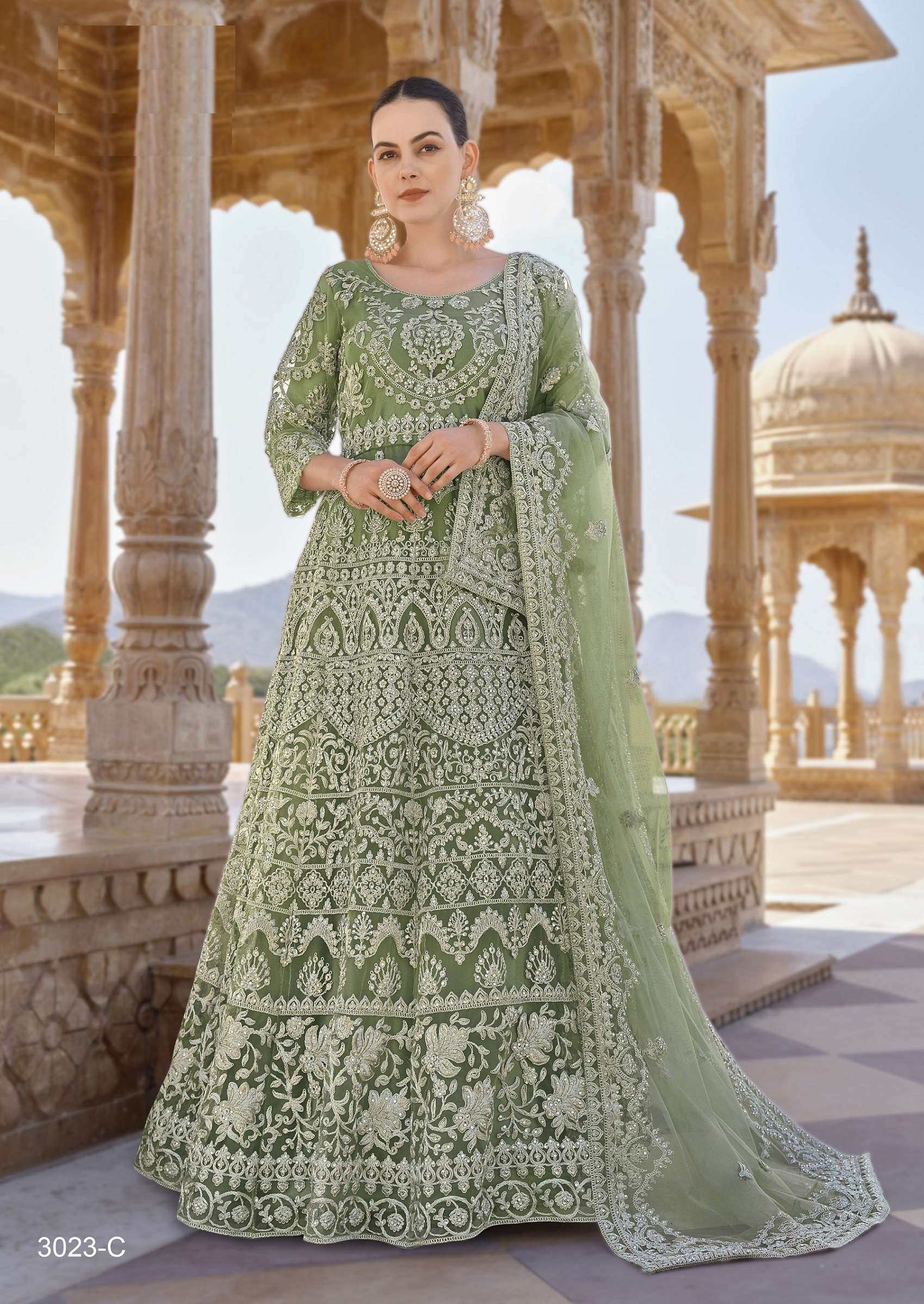 DESIGNER FANCY WEDDING BRIDAL PARTY WEAR BUTTERFLY NET PISTA ANARKALI SALWAR SUIT GOWN SENHORA TWISHA 3023 C