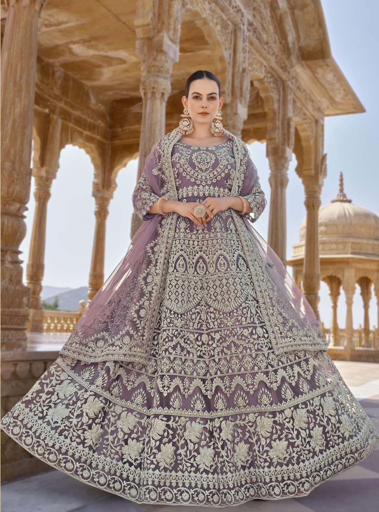 DESIGNER FANCY WEDDING BRIDAL PARTY WEAR BUTTERFLY NET LAVENDER ANARKALI SALWAR SUIT GOWN SENHORA TWISHA 3023 D