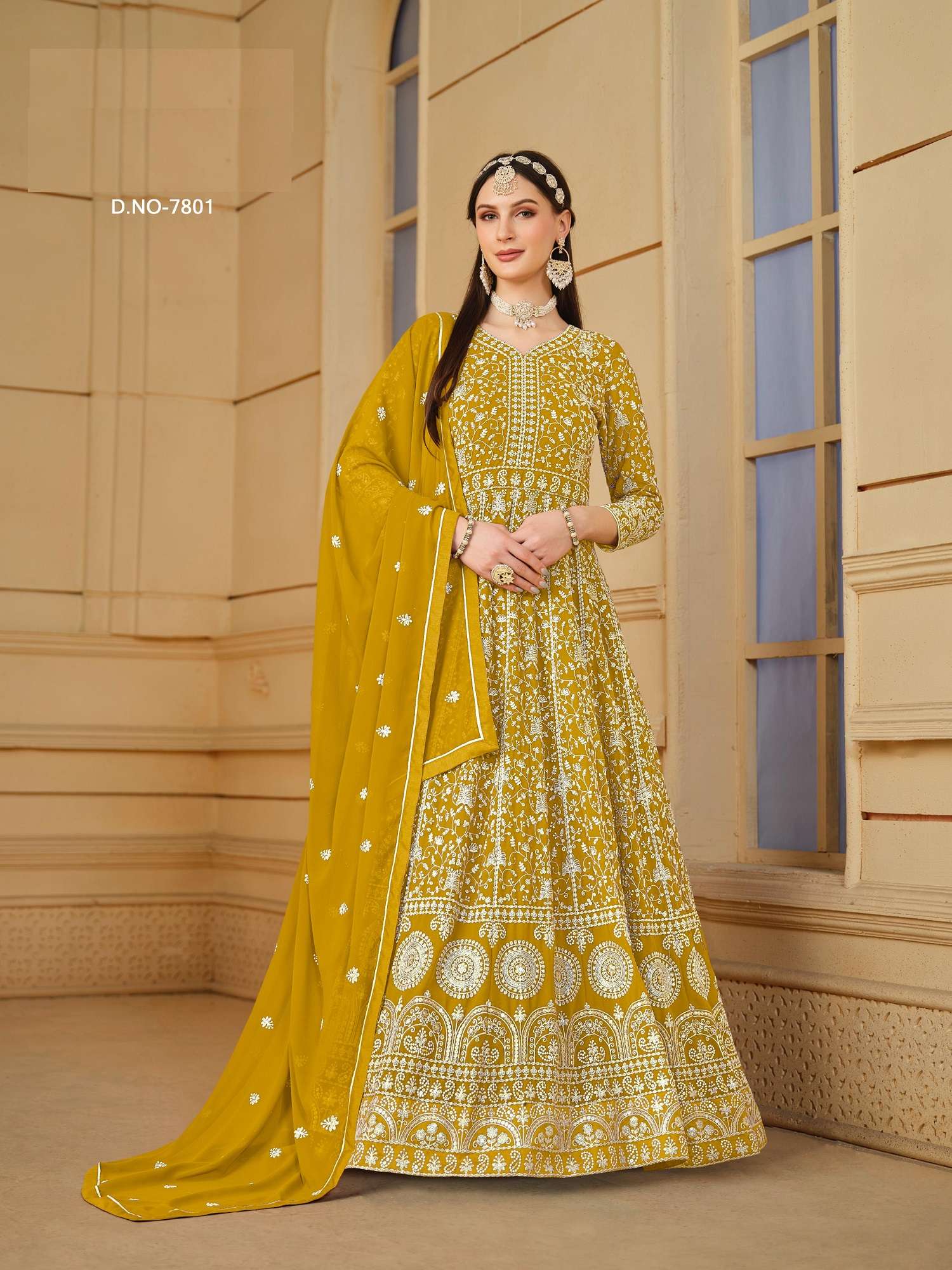 DESIGNER FANCY WEDDING PARTY WEAR GEORGETTE YELLOW ANARKALI SALWAR SUIT GOWN DRESS ANY 7801